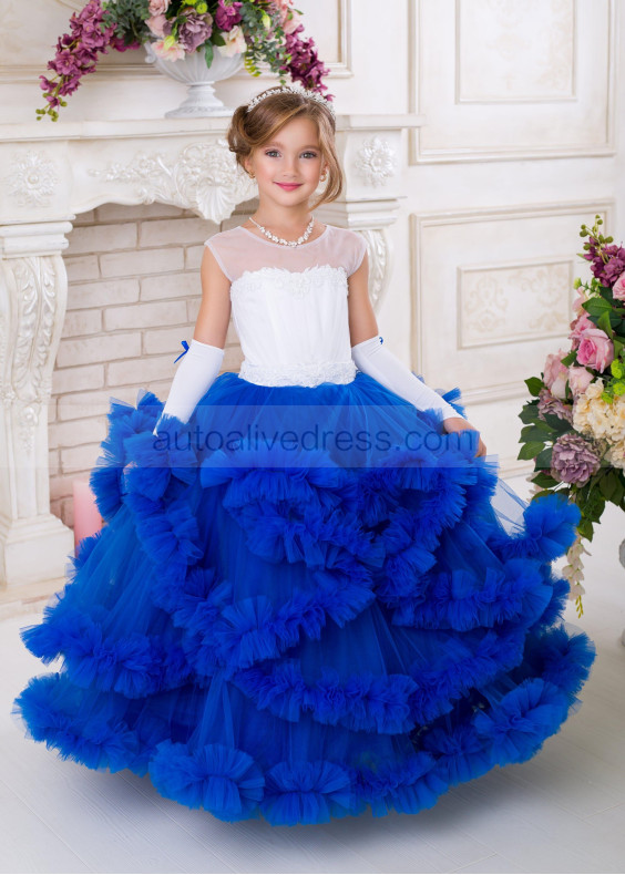 White Lace Royal Blue Tulle Ruffled Keyhole Back Flower Girl Dress